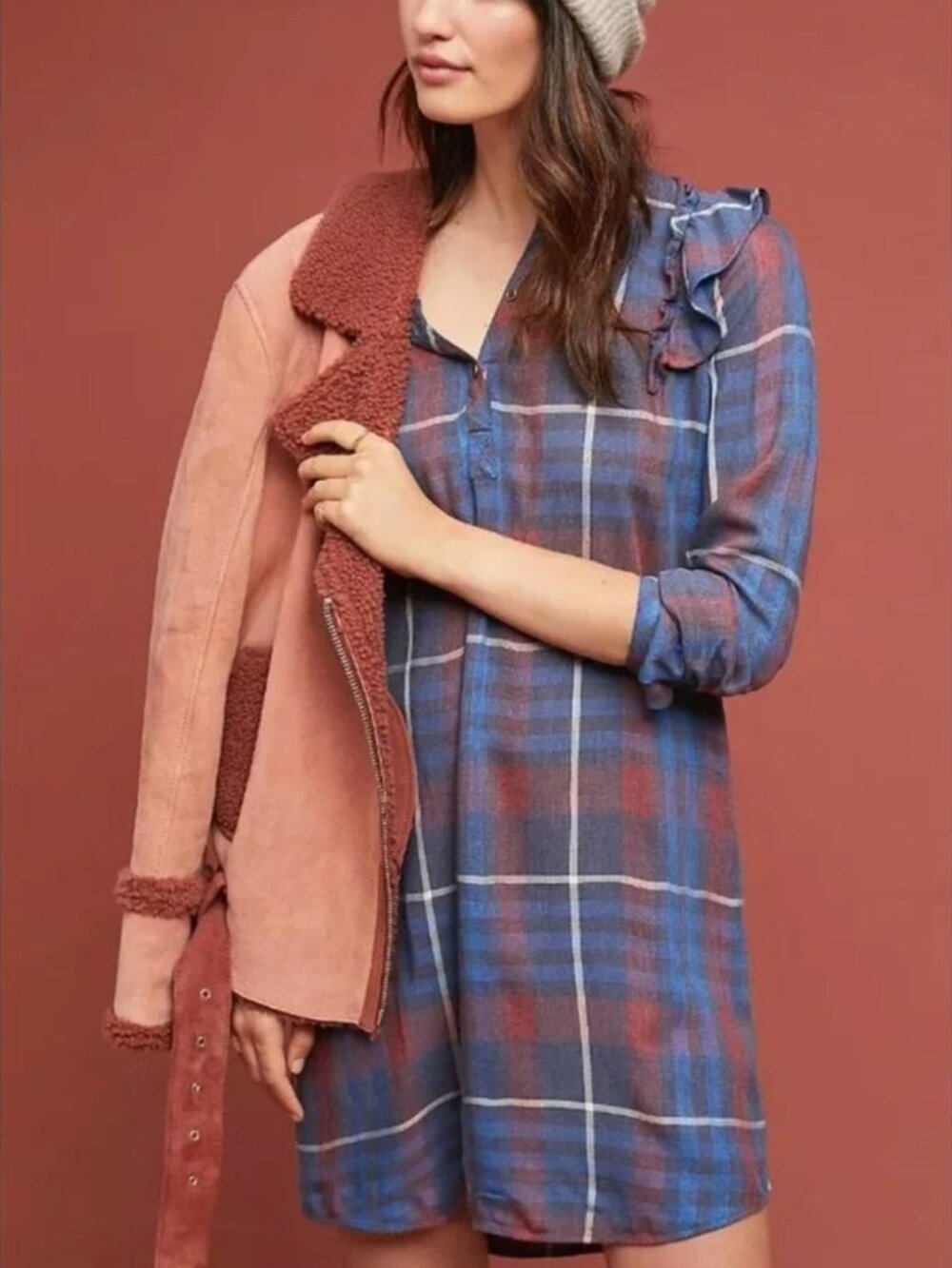 Anthropologie Cloth & Stone Blue & Red Plaid Ruffle Shirt Dress XS